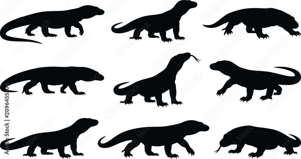Obraz premium Dinosaur silhouettes, prehistoric animal icons, black vector illustrations, reptile graphics, 9 silhouette set
