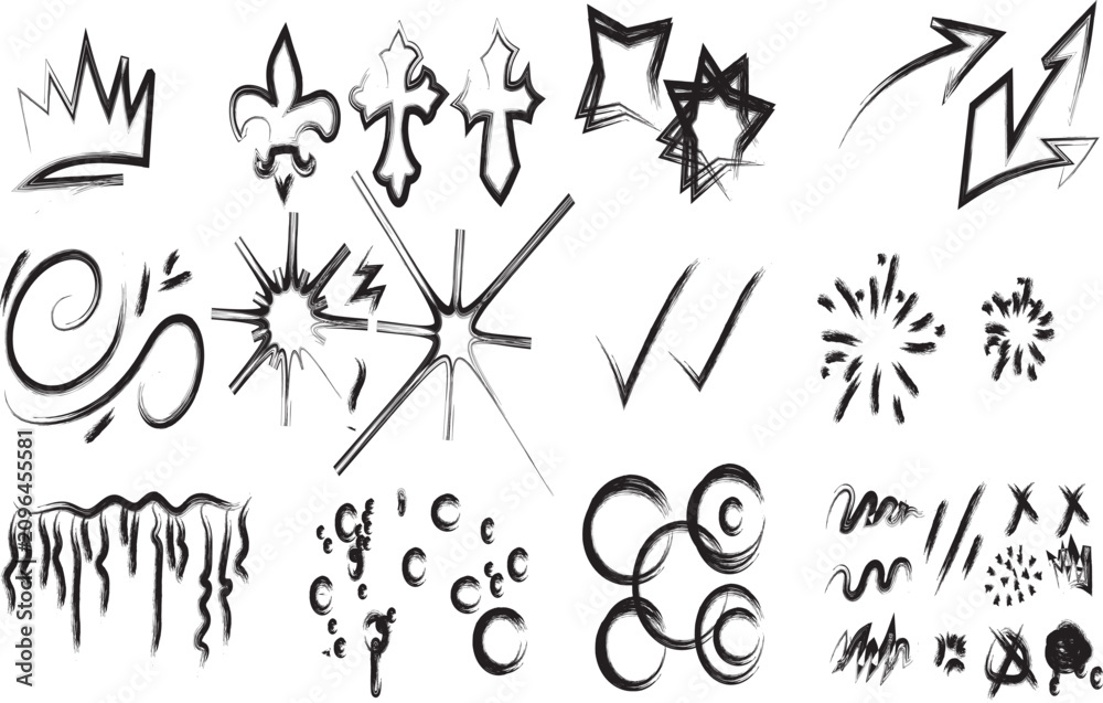 Fototapeta premium Extensive collection of hand-drawn design elements in black, including crowns, crosses, fleur-de-lis, stars, arrows, swirls, bursts, check marks, drips, circles, and various scribbles.