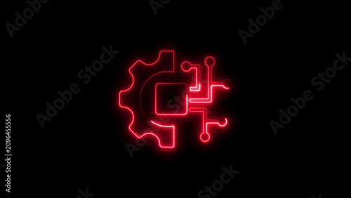 Red neon gear and circuit board on black background technology