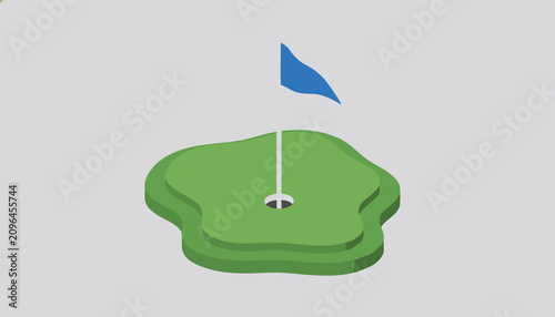 Foto Isometric golf course putting green with a blue flag stick in the cup, representing sports and leisure activity