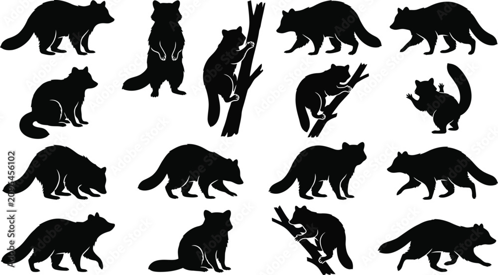 Fototapeta premium Black cat silhouettes, feline icons, 15 animal shapes, vector graphics