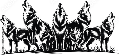 Photography Pack of Howling Wolves Silhouette on Hilltop, Wild Forest Predator Animals Vecto