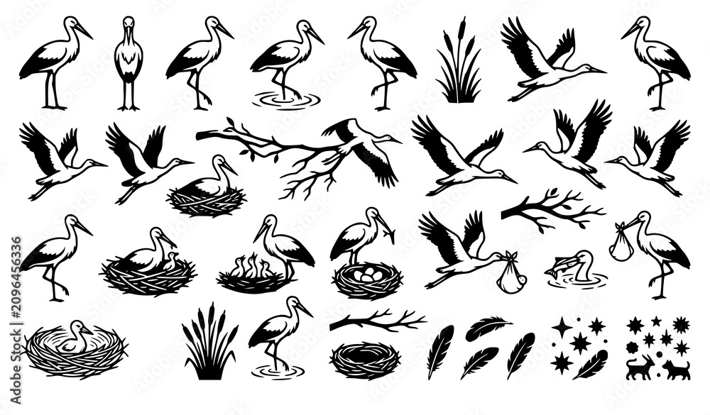 Obraz premium Vintage Black Silhouette Stork Bird Icon Set Featuring Flying Standing Birds Nests Feathers Baby Delivery Bundles and Wetland Grass Nature Vector Graphic Elements