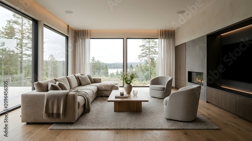 Modern luxury living room interior with large windows and scenic forest view.