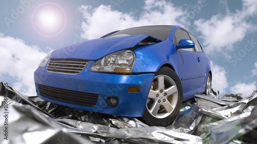 Blue Sedan Crash in Metal Debris Under Sunlight