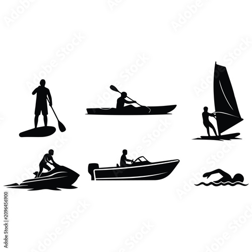 Summer marine recreation silhouette vector illustration set featuring boats and jet skiing.