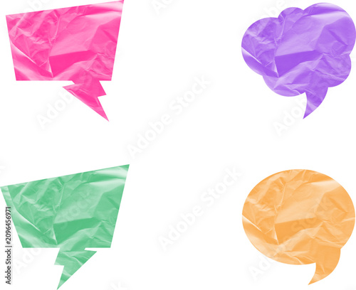 Crumpled paper speech bubbles in various colors