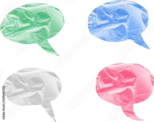 Crumpled colored speech bubbles on white background
