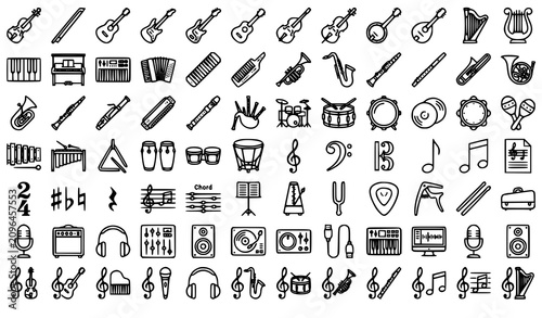 violin, guitar, treble, clef, outline, music, icon, instrument, melody, acoustic, electric, orchestra, notes, sheet, bow, microphone, headphones, piano, editable, stroke, vector, ui, collection, minim