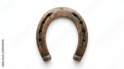 A single rusty horseshoe lies on a white surface indoors.