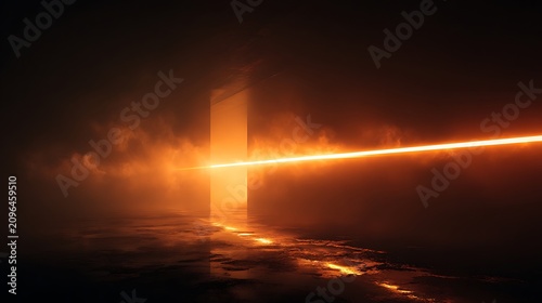 Bright orange laser beam shining through dark misty tunnel with reflection on wet floor