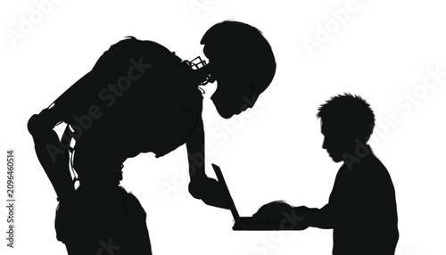 Robot standing near a boy who is using a laptop computer to study technology in a minimalist black and white silhouette representation that features clean lines and significant empty copy space.