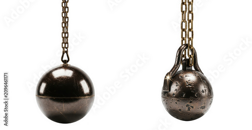 Two heavy iron wrecking balls isolated on transparent background