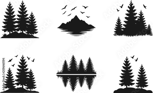 Bild auf Leinwand 自然と屋外用の松の木、山、飛んでいる鳥を特徴とする黒いシルエットのセット