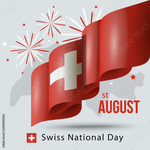 Swiss National Day Celebration with Waving Switzerland Flag – August 1 Patriotic Holiday Banner. Vector illustration.