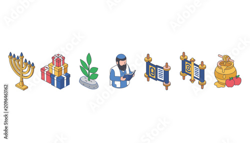 Photos Jewish holiday celebration icons featuring menorah, gift boxes, Torah scrolls, rabbi, and honey with red apples