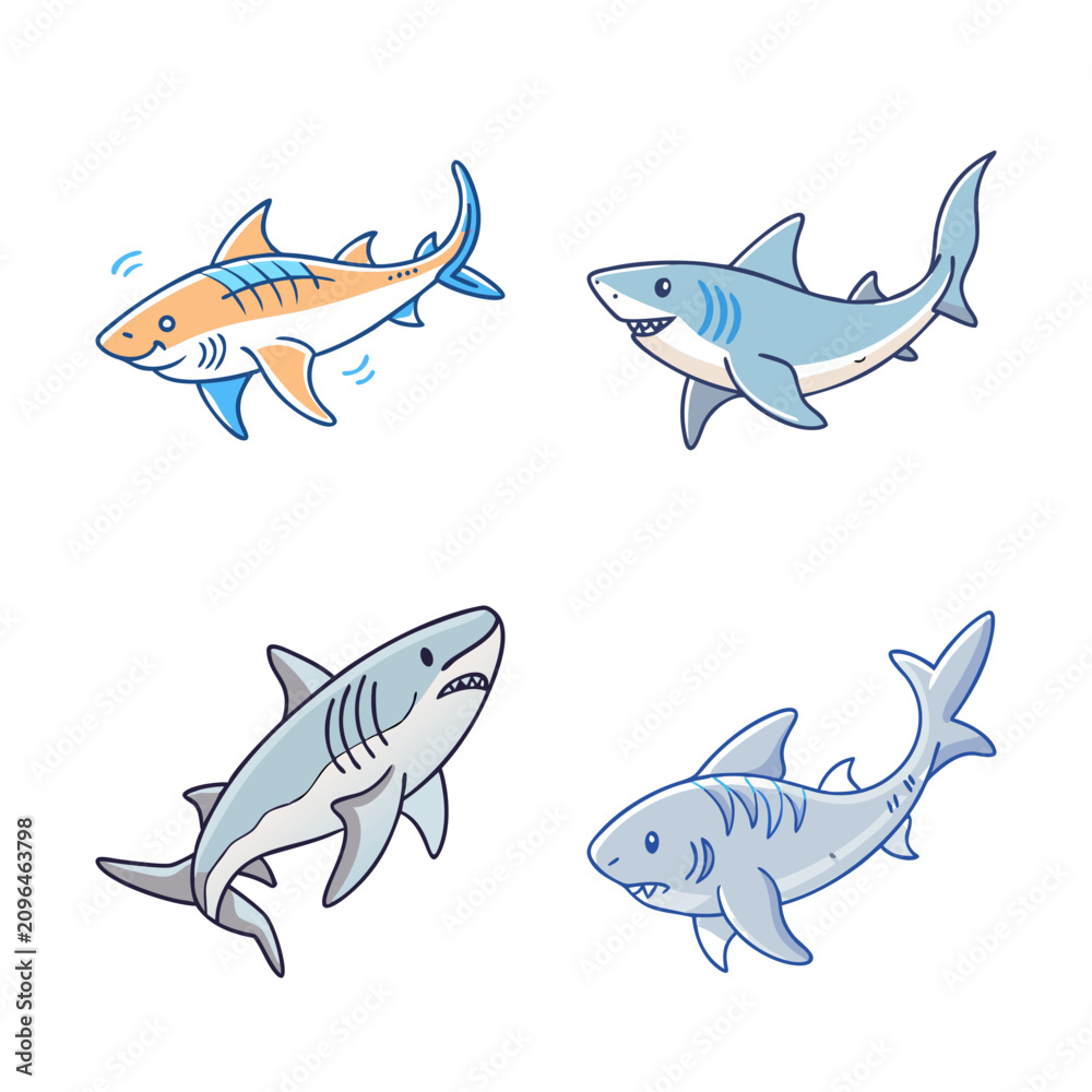 Fototapeta premium Four colorful cartoon sharks swimming together