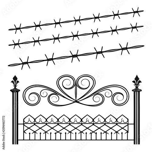 Billede på lærred Collection of barbed wire dividers and decorative fence elements isolated on white background for security concept and artistic border design vector illustration with iron style gate motifs set