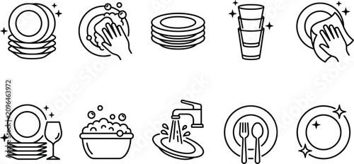 Dish washing line icon set with clean plates faucet water soap bubbles sponge and kitchen cutlery vector illustrations