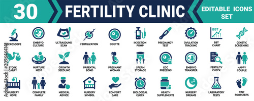 Canvastavla Set of 30 icons for fertility clinic and reproductive health medical services in blue and green colors Minimal solid fill icon set bundle collection