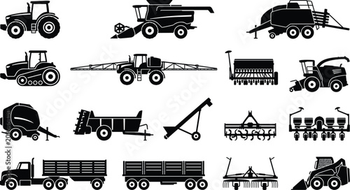 Bild auf Leinwand Agricultural Machinery and Farm Equipment Silhouette Icons for Modern Farming Te