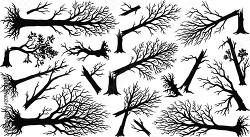 Fallen and broken dead tree branches black silhouette vector set featuring uprooted trunks devastated woods after natural disaster storm damage