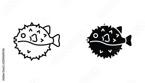 Tableau sur toile Pufferfish vector icon isolated on white Black and white outline line art and so