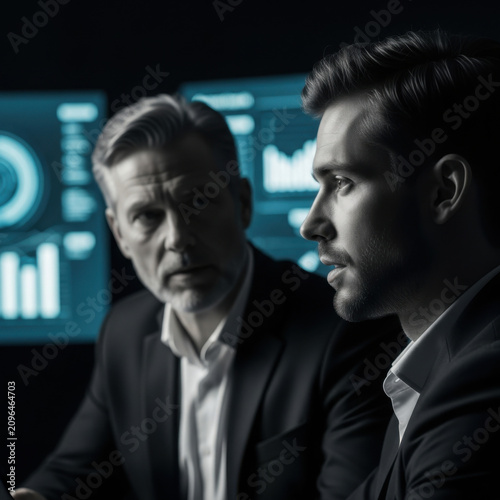 Two Men In Business Suits Deep In Conversation Analyzing Digital Data On Screens