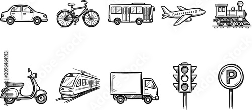 Hand drawn public transport and city logistics vector icon set featuring vehicles traffic light and parking sign elements