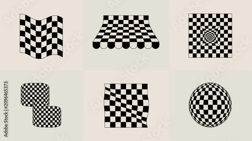 Bild auf Leinwand Checkerboard Geometric Pattern Icon Set with Distorted Op Art Checkered Wave Sph