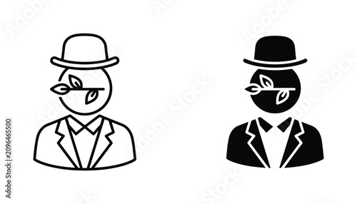 Surreal man with leaf vector icon isolated on white Black and white outline line art and solid glyph silhouette