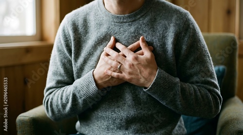 Person holding hands over chest showing gratitude or relief with gratitude sincerity thankful