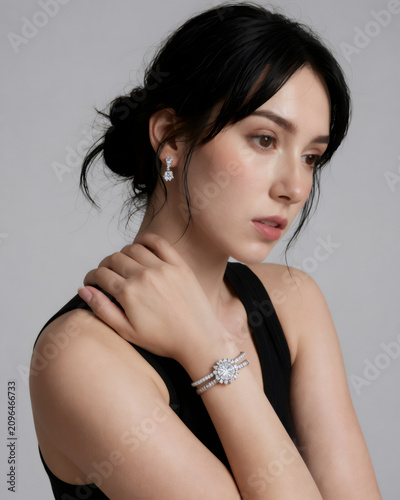 A young Asian woman wearing diamond jewelry poses with her hand resting near her neck.