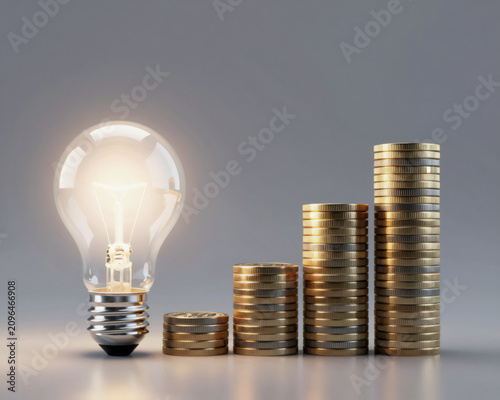 A glowing lightbulb stands beside stacks of coins representing financial growth.
