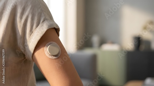 Continuous glucose monitoring sensor patch applied on arm of patient.