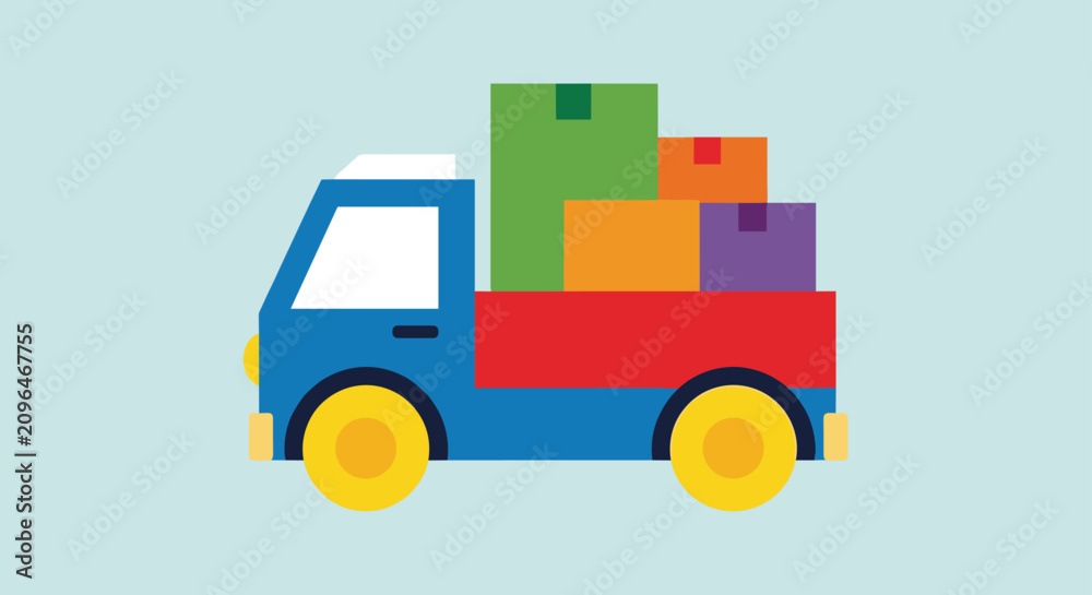 Naklejka premium Blue delivery truck with a red bed carrying several colorful gift boxes and parcels is depicted on a bright light blue background.