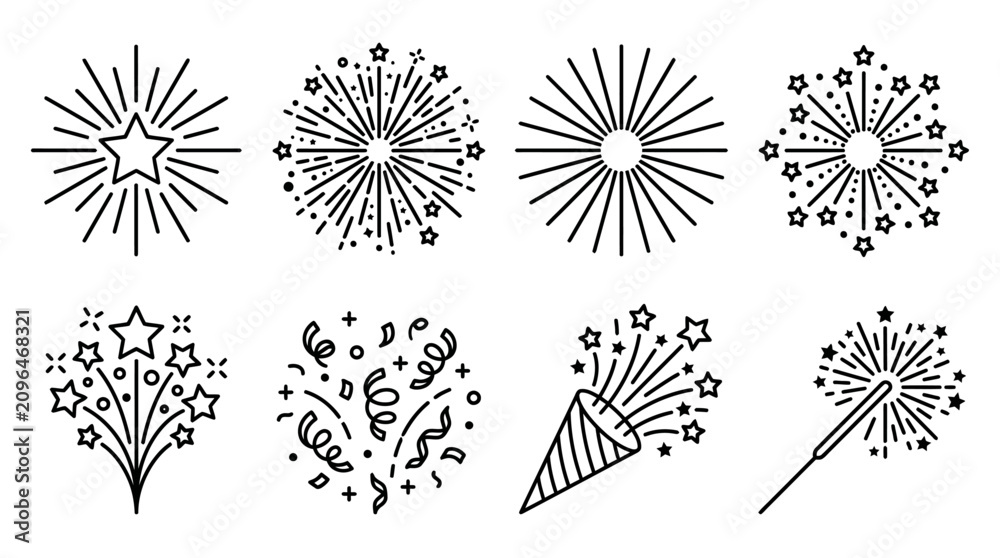 Obraz premium Set of linear fireworks and sparkler icons with stars and confetti for celebration and festive party design