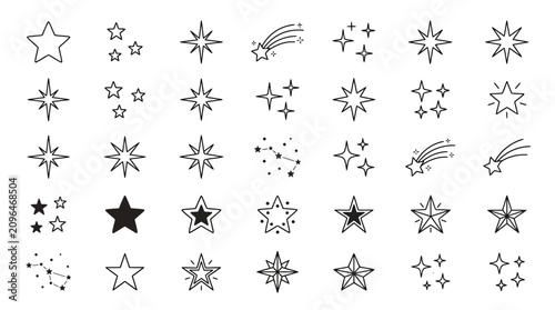 Set of hand drawn star icons and shooting stars outline symbols isolated on white background for decoration and design