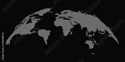 Earth planet globe with continents in black and white. High contrast monochrome world map for global business and environmental themes.