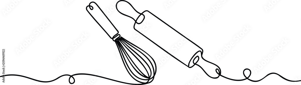 Obraz premium Minimalist continuous line of a whisk and rolling pin on a white background, baking cooking kitchen utensil