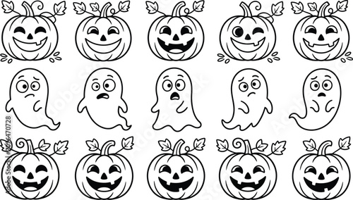 Cute Halloween Ghost and pumpkin Vector Bundle  Cartoon Spooky Character Collection