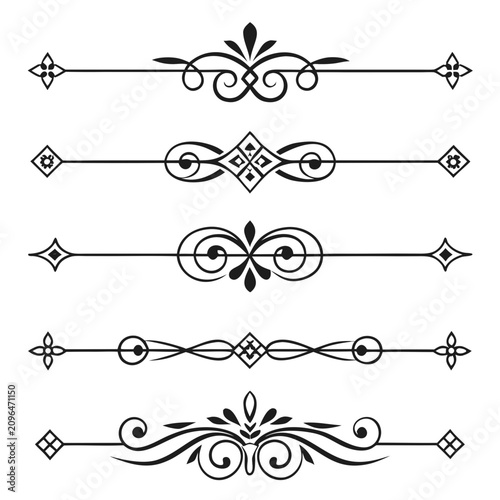 Foto Set of artistic calligraphic page dividers and decorative ornaments for professional document layout enhancement including floral patterns and geometric accents suitable for elegant print design