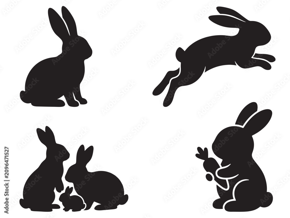 Obraz premium Rabbit and Bunny Silhouette Collection with Jumping, Sitting and Running Poses