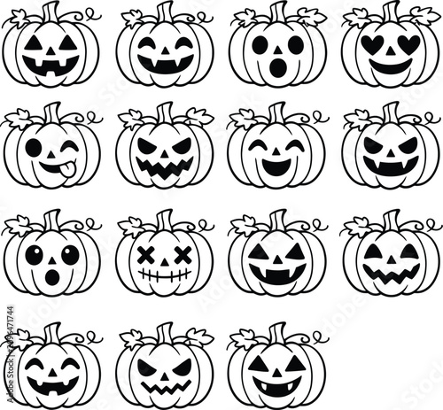 Cute Halloween Pumpkin Face expression  Vector Bundle | Jack O Lantern Expressions, Cartoon Pumpkin Icons Collection