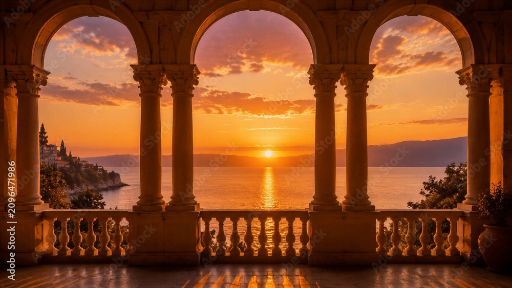 Fototapeta premium The sun sets over the water, casting orange and pink light through arches. Hills and buildings sit on the coast, creating a scenic view for people nearby.