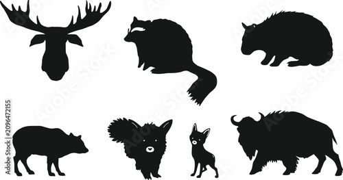 Photography North American Wild Animals Black Silhouette Vector Icons Set Featuring Moose, B