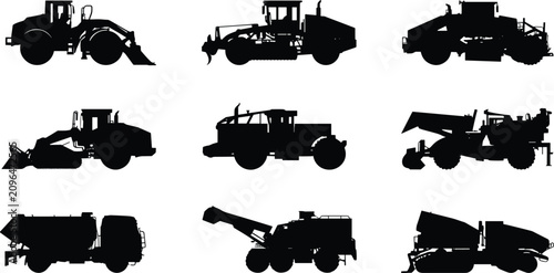 Fotografía Road Construction and Heavy Machinery Silhouette Vector Set with Asphalt Paver G