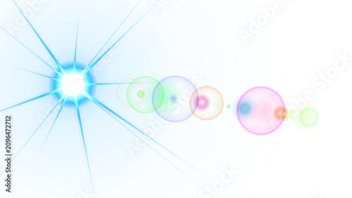 Foto Bright blue circular light burst with multi-colored lens flare orbs and concentr