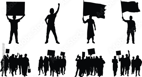 Protest and Demonstration Silhouette Vector Set with Activists Crowds Protest Signs Flags and Social Movement People Icons