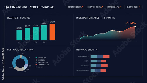 Financial Dashboard Showing Quarterly Revenue Growth Portfolio Allocation Regional Performance Metrics and Index Trends